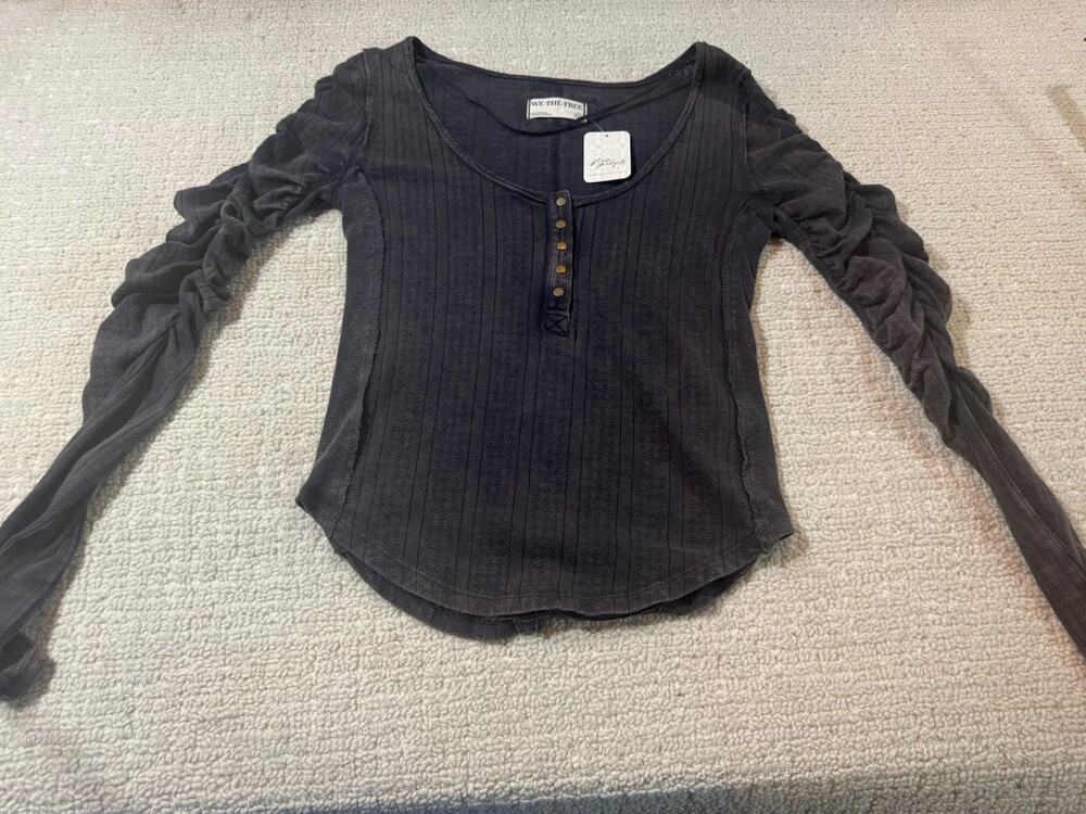 Free People Hope Henley Top Shirt Womens XS Black Slouchy Ruched Boho Distressed